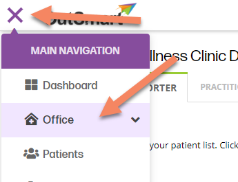 How to get to the Office page from the main menu.  Image showing the main menu open and an arrow pointing to the Office option. 